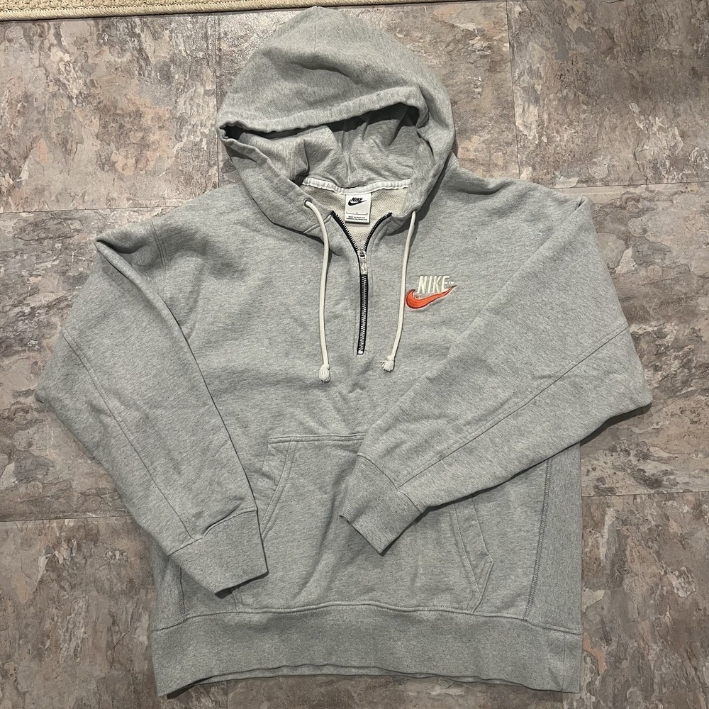 Nike Hoodie Gray 1/4 Zip Heavy Sweatshirt Fleece Swoosh Loose Fit | Size Large